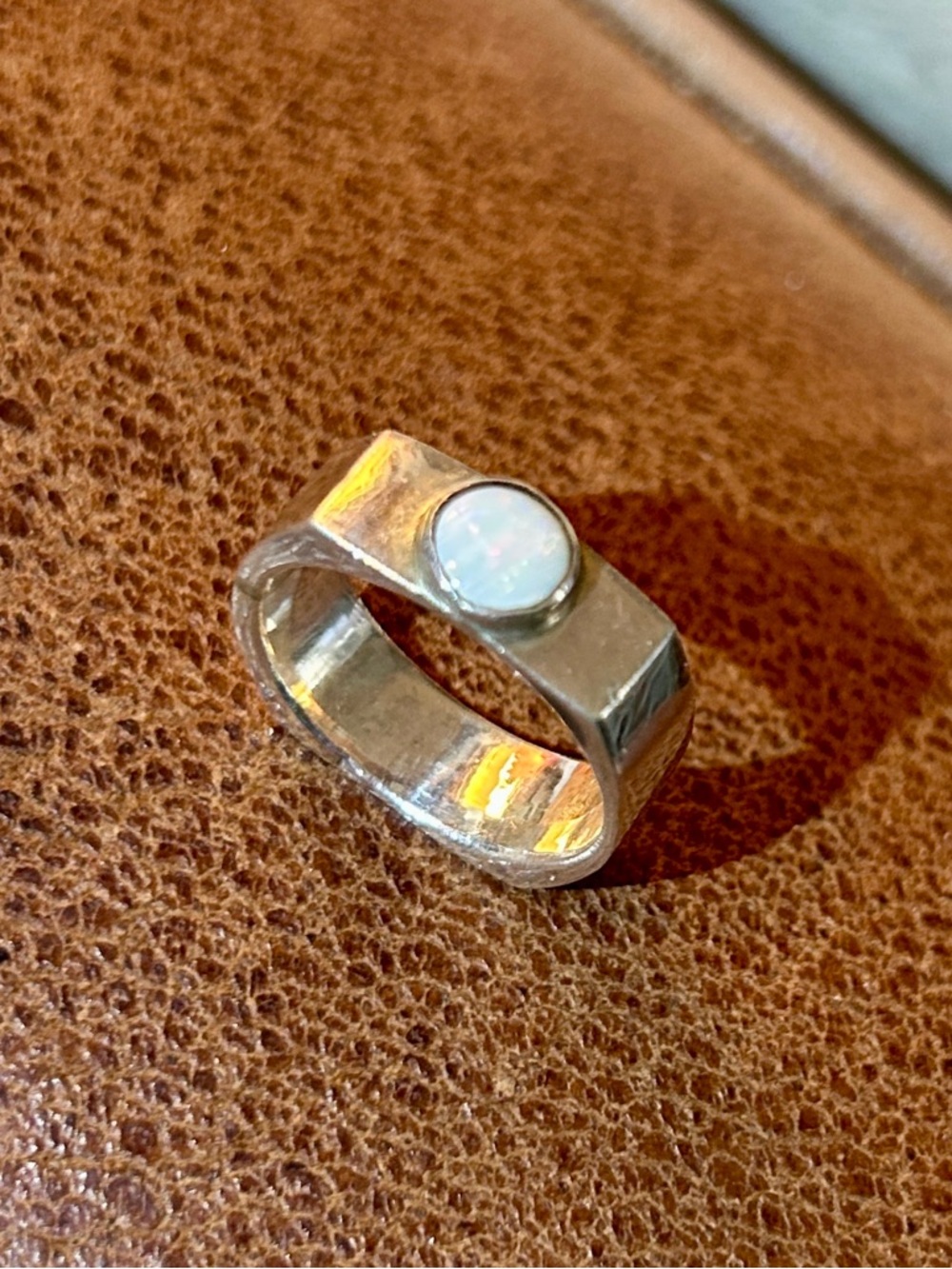 Sterling Silver Ring with Round White Opal Accent